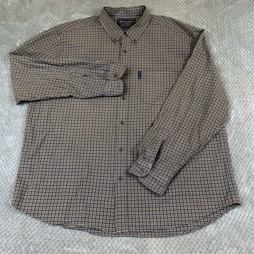 Abercrombie & Fitch Shirt Mens XL Blue Tan Plaid Cotton Button Down Y2K